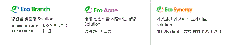 Eco Branch 영업점 맞춤형 Solution Banking-Care : 맞춤형 전자접수,Fun&Touch : 미디어월. Eco Aone 경영 선진화를 지향하는 경영 Solution 성과관리시스템. Eco Synergy 차별화된 경쟁력 업그레이드 Solution NH Bluebird : 농협 통합 PUSH 센터