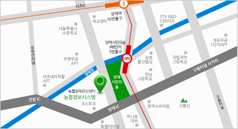 지하철 신분당선 양재시민의숲(매헌)역 5번출구에서 도보 15분