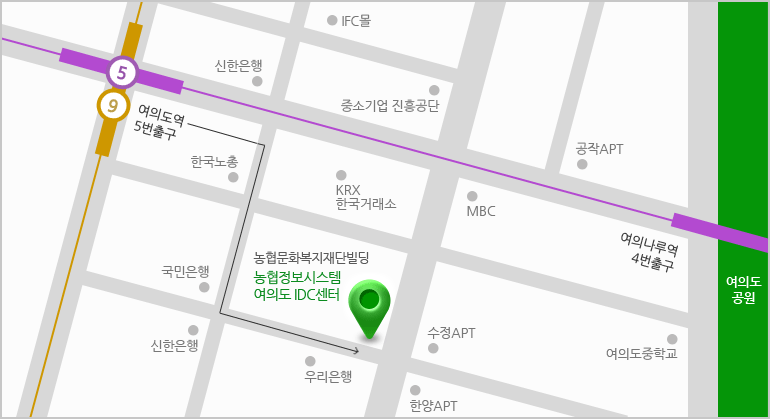 여의도역5번출구로나와 첫번째왼쪽골목을지나 한국노총지난후 국민은행맞은편 우리은행쪽으로 길건너 쭉오다보면 농협문화복지재단빌딩 15층 농협정보시스템 여의도 IDC센터